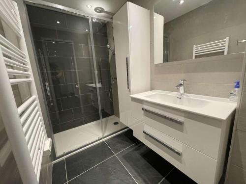 瓦尔Appartement Vars, 3 pièces, 8 personnes - FR-1-330B-146的一间带水槽和淋浴的浴室