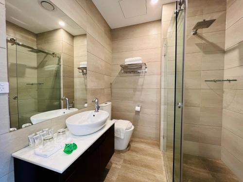 墨尔本Clarendon Hotel的一间带水槽、卫生间和淋浴的浴室
