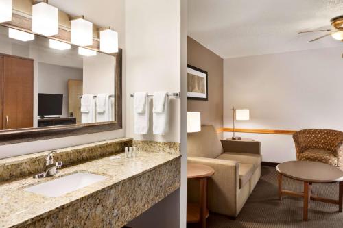 Baudette包地特阿美瑞辛套房酒店的酒店浴室设有水槽和客厅。