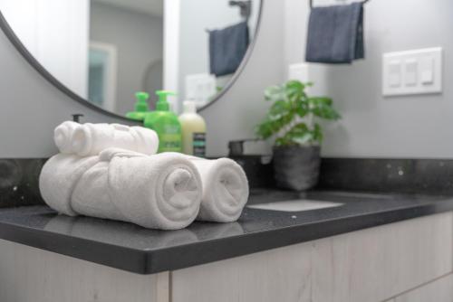 卡尔加里You will love this 2BR Guest Suite in SE Calgary的浴室的台面配有毛巾和镜子