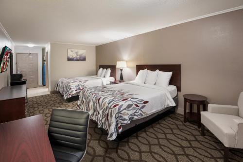 列克星敦Red Roof Inn & Suites Lexington - Hamburg的酒店客房,配有两张床和椅子