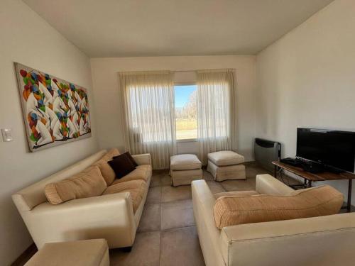 Vista FloresPergolas Guest House - Pileta, Vinos y Montaña的客厅配有2张沙发和1台平面电视