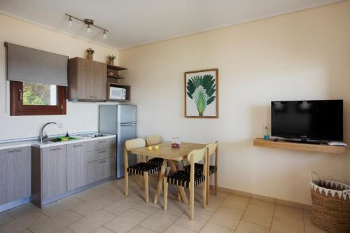 加夫里翁Aithra -Agios Petros Andros的一间带桌子和水槽的厨房以及一台电视