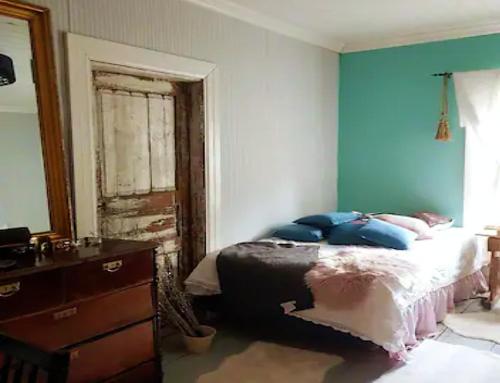 LoppiRauhaa, hyvää unta maaseudulla的一间卧室配有一张蓝色墙壁的床