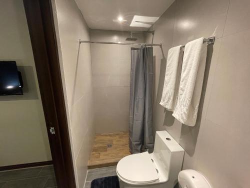 危地马拉Hotel Villas Santander的一间带卫生间和淋浴的小浴室