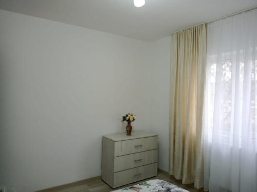 苏恰瓦Criss Apartament的窗户房间里的一个白色梳妆台