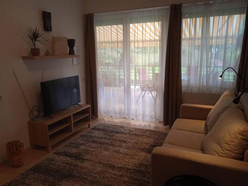 柴尔凯瑟勒Csiribá Apartman的带沙发和平面电视的客厅