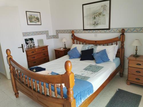 帕福斯MEDITERRANEAN VALLEY的一间卧室配有一张带蓝色枕头的大型木制床。