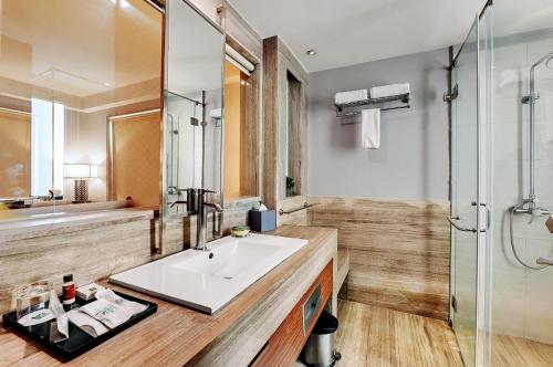 古尔冈Quality Inn Gurgaon的一间带水槽和淋浴的浴室