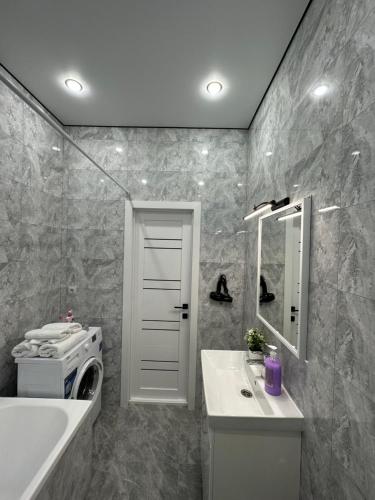 阿斯塔纳Апартаменты Миллениум 2的一间带水槽和洗衣机的浴室。