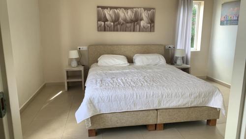 威廉斯塔德Seaview 2 Bedroom - apt40 - Blue Bay Curacao的卧室配有一张带白色床单和枕头的大床。