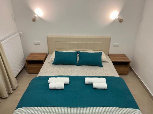 索科矿泉村Apartmani Tesla的一间卧室配有一张大床和两个枕头