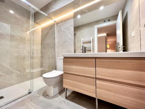 莱昂Housingleón - Palacio de Don Ramiro的一间带卫生间、水槽和镜子的浴室