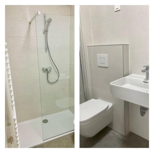 萨格勒布Arena ZG Apartment的带淋浴、卫生间和盥洗盆的浴室