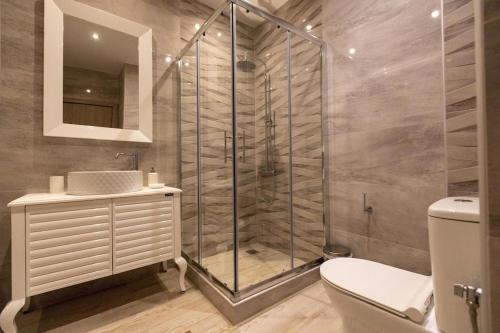伊西翁Orion Maison: Luxury 3-bedroom maisonette in the center of town的带淋浴、卫生间和盥洗盆的浴室
