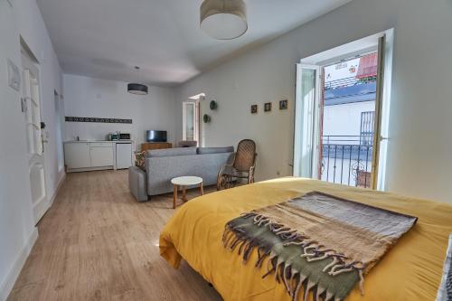 塞维利亚Casa Pureza的一间卧室设有一张床和一间客厅。