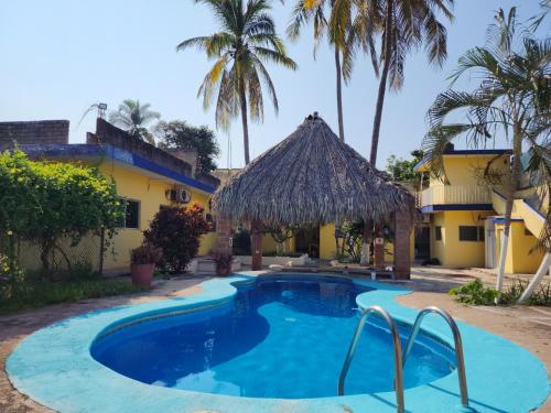 圣帕特里西奥梅拉克CASA PLAYITA MELAQUE的棕榈树屋前的游泳池