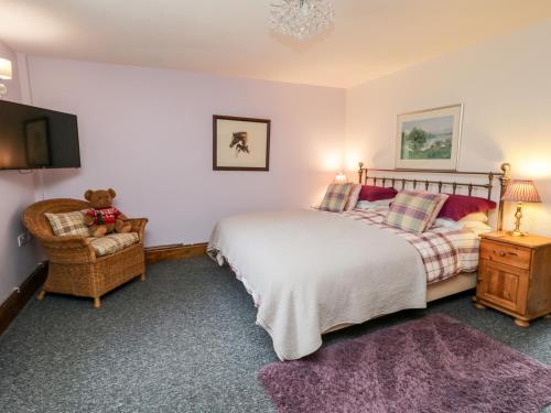 BroughWillow Lodge的一间卧室配有一张床、一台电视和一把椅子