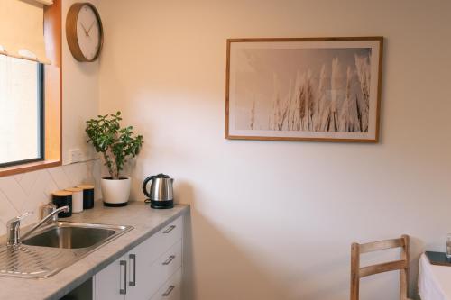 瓦纳卡Wanaka Lake Studio (New)的厨房配有水槽,墙上挂着一幅画