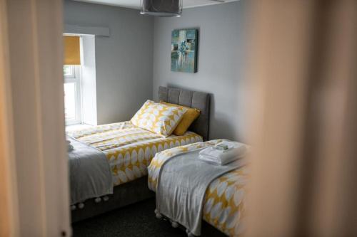 彭布罗克郡2 Bed Sleeps 4 Central Haverfordwest Town House的一间卧室设有两张床和窗户。