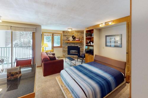 冬季公园Iron Horse Studio D4064的一间卧室设有一张床和一间客厅。