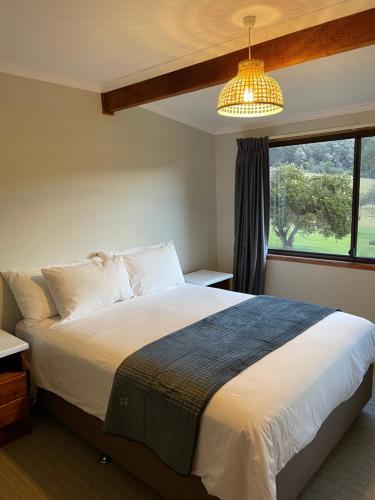 纳鲁马Black Bream Point Cabins的一间卧室设有一张大床和一个窗户。