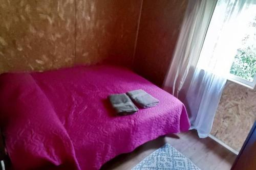 普尤瓦比港cabaña mateo 2的一张粉红色的床,窗边有两袋袋