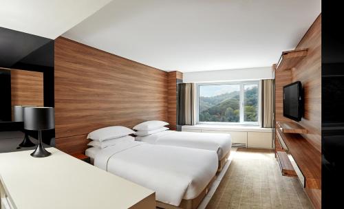 首尔华克山庄首尔大酒店的酒店客房设有三张床和电视。