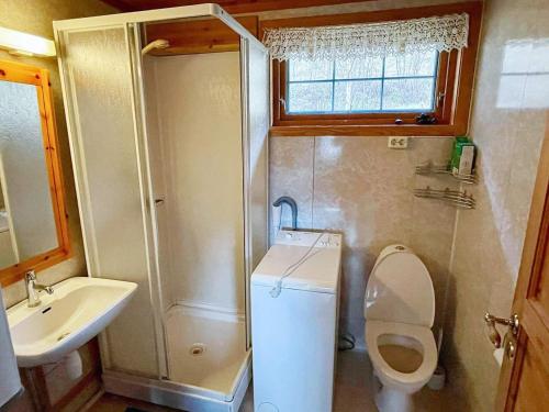 KyrpingThree-Bedroom Holiday home in Åkra的一间带卫生间和水槽的小浴室