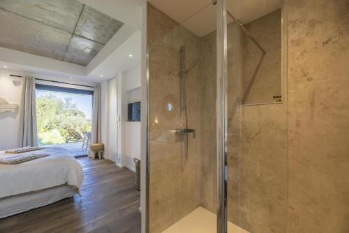 韦基奥圣露西港口Appartement Luna的主卧室设有淋浴和一张床