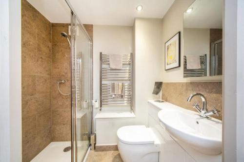 韦尔斯Stylish two bed flat, city centre, free parking的浴室配有卫生间、盥洗盆和淋浴。