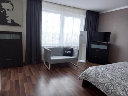 陶格夫匹尔斯Vienibas apartment的一间卧室配有一张床、一把椅子和电视