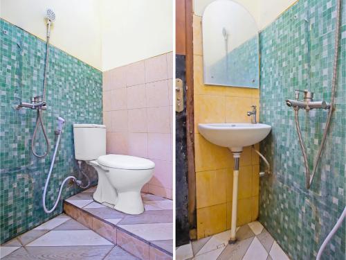 MetroOYO 1804 Guest House Oema'h Opa的浴室的两张照片,配有卫生间和水槽