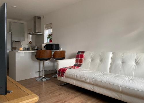 WansteadNewly built modern flat at London Gants Hill Station near Ilford的一间带白色沙发的客厅和一间厨房