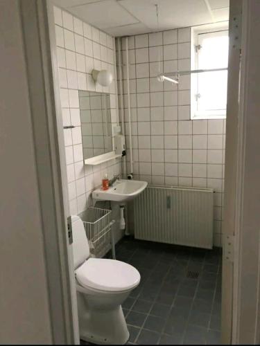 哥本哈根Bjergvænget 16, 2400 København的一间带卫生间和水槽的浴室
