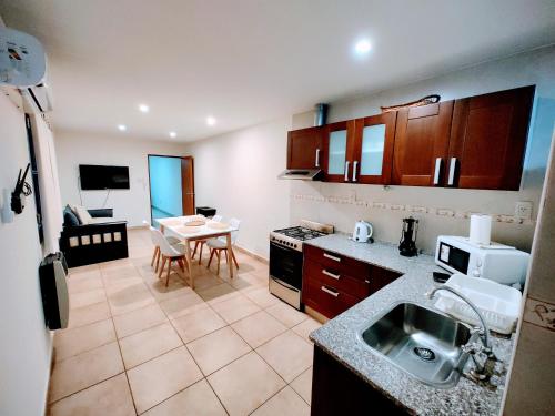 圣拉斐尔Infinity lounge apartment, lujoso, céntrico y amplio的一个带水槽和桌子的厨房