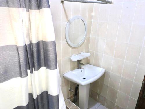 科纳克里Résidences MAFCA的浴室设有水槽、镜子和浴帘