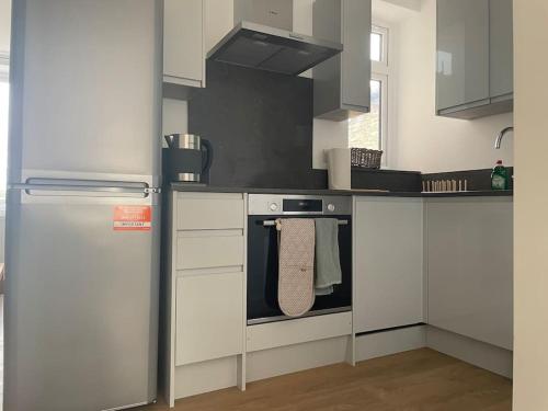 WansteadFamily friendly new flat at London Gants Hill Station near Ilford的厨房配有炉灶和冰箱。