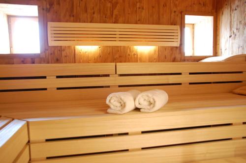 拜尔恩格里斯Metzgerei Gasthof Romantik Hotel Der Millipp的木墙上的带两条毛巾的桑拿浴室