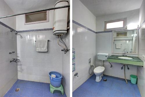 马拉里HOTEL ROYAL Manali的浴室的两张照片,配有卫生间和水槽