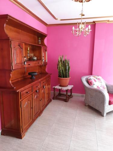 格拉纳迪利亚德亚沃纳Casa Rural Fayna的浴室设有粉红色的墙壁、水槽和椅子