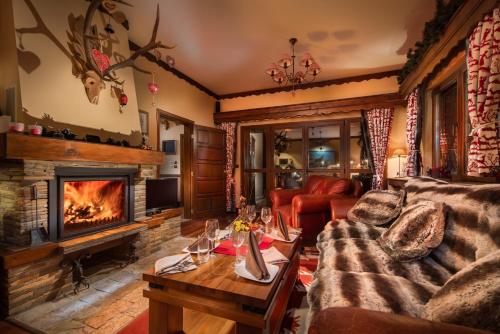波罗维茨Villa Borovets Mountain & Luxury的带沙发和壁炉的客厅