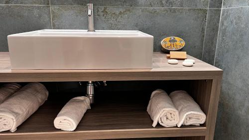 索伦托Patriziella 4 Rooms的一间带水槽和架子毛巾的浴室