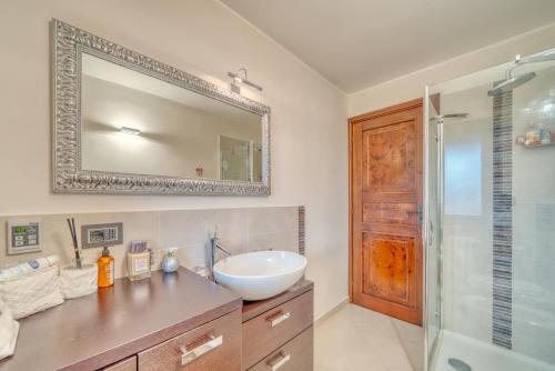 萨奥兹-杜尔克斯Elegante appartamento-100mt dal centro-50mt dalla seggiovia-wifi-parcheggio gratuito的一间带水槽、镜子和淋浴的浴室
