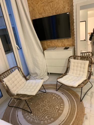戛纳New Suite & SPA - Cannes Centre - Croisette的客厅设有两把椅子,配有电视