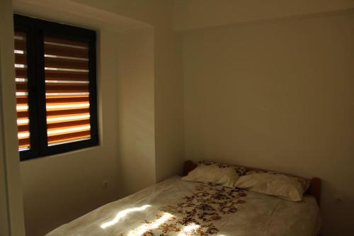 斯科普里Cozy convenient stay in Skopje的一间小卧室,配有一张带窗户的床
