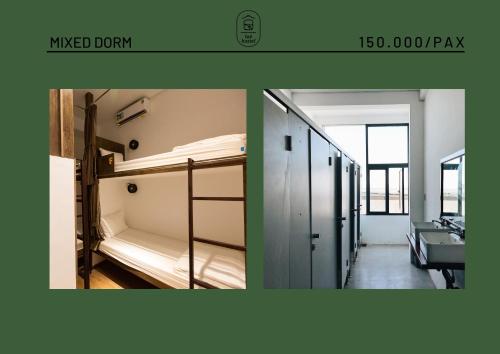 绥和市Laé Hostel的宿舍间的两张照片 - 带双层床