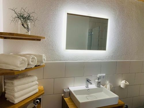 米特尔贝格Dorf(er)leben Ferienwohnung im Kleinwalsertal的浴室配有盥洗盆、镜子和毛巾