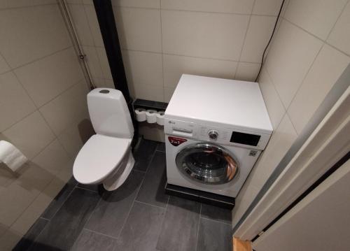EspergærdeLouisiana Rent的一间带卫生间和洗衣机的小浴室