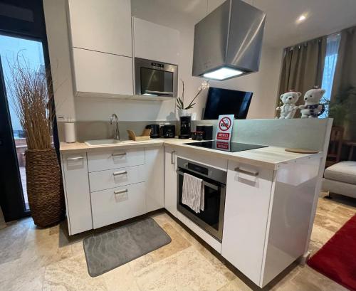 维勒蒙布勒By nuit-parisienne : Superbe appartement avec SPA et terrasse privée的厨房配有白色橱柜和炉灶烤箱。